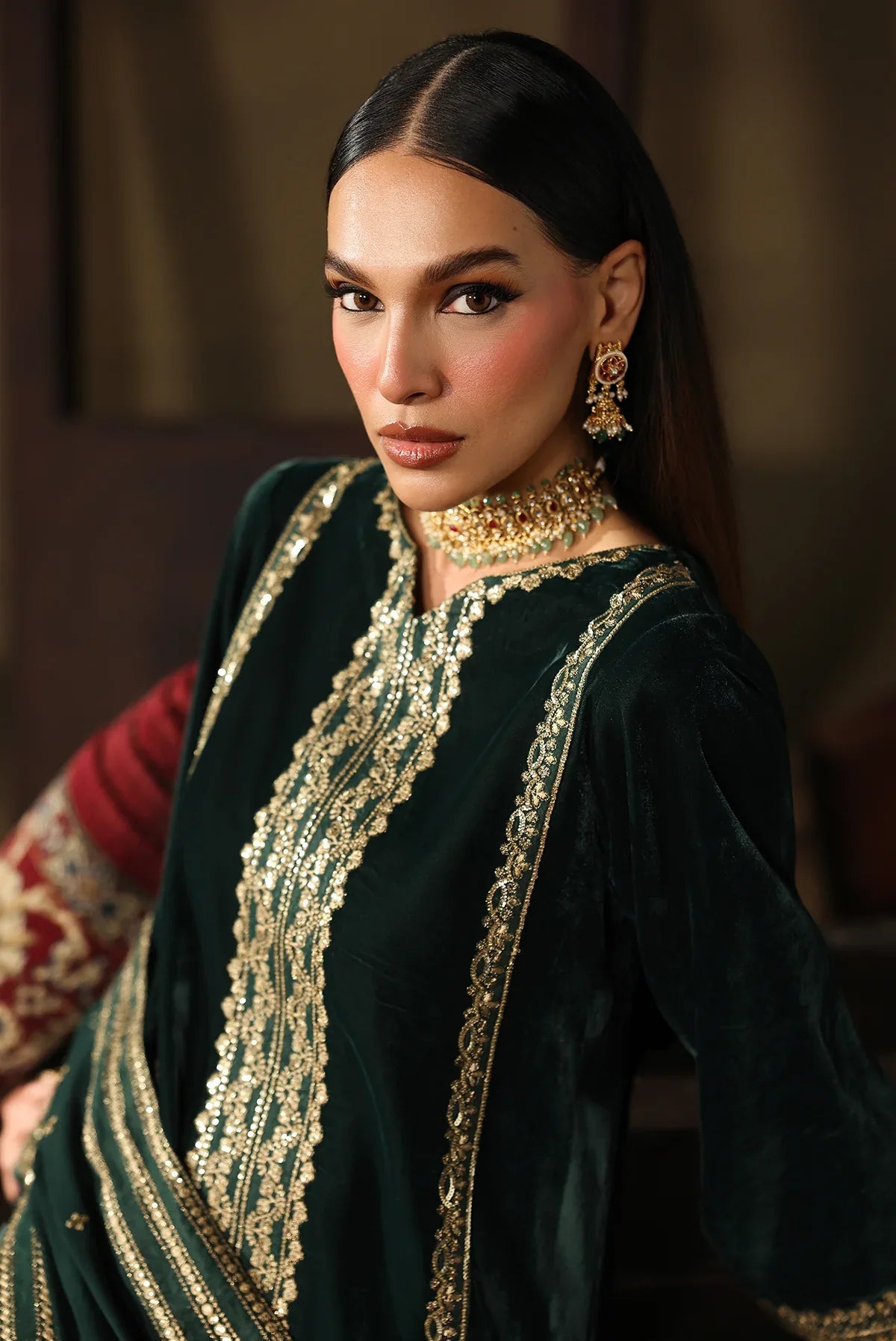 Bottle Green Velvet Kurta Set | Ready-to-Wear