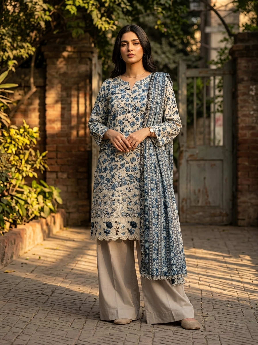 03 Piece Chikankari Floral Lawn Suit - Ready to Wear