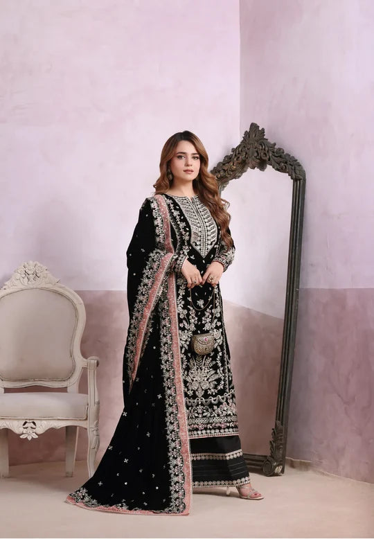 Luxury Velvet Embroidered Ready-to-Wear 3-Piece Suit