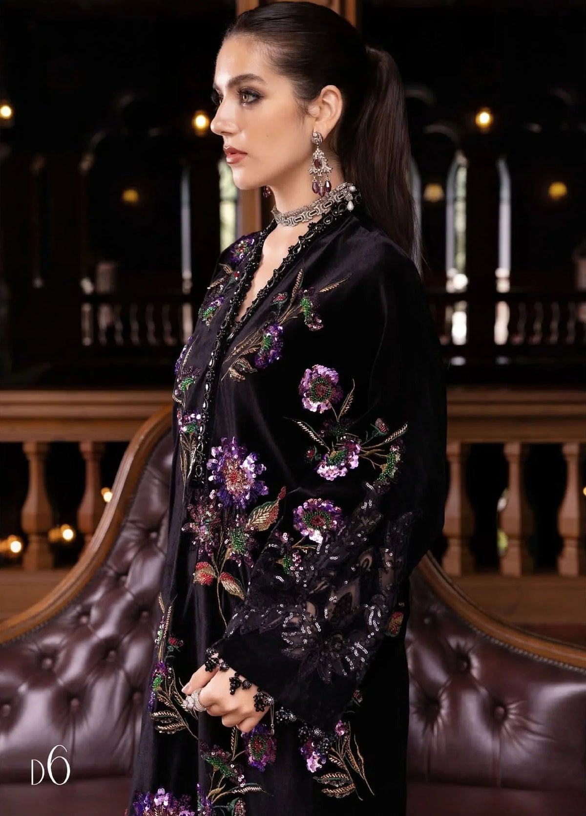 Black & Magenta Embroidered Velvet Suit | Ready To Wear