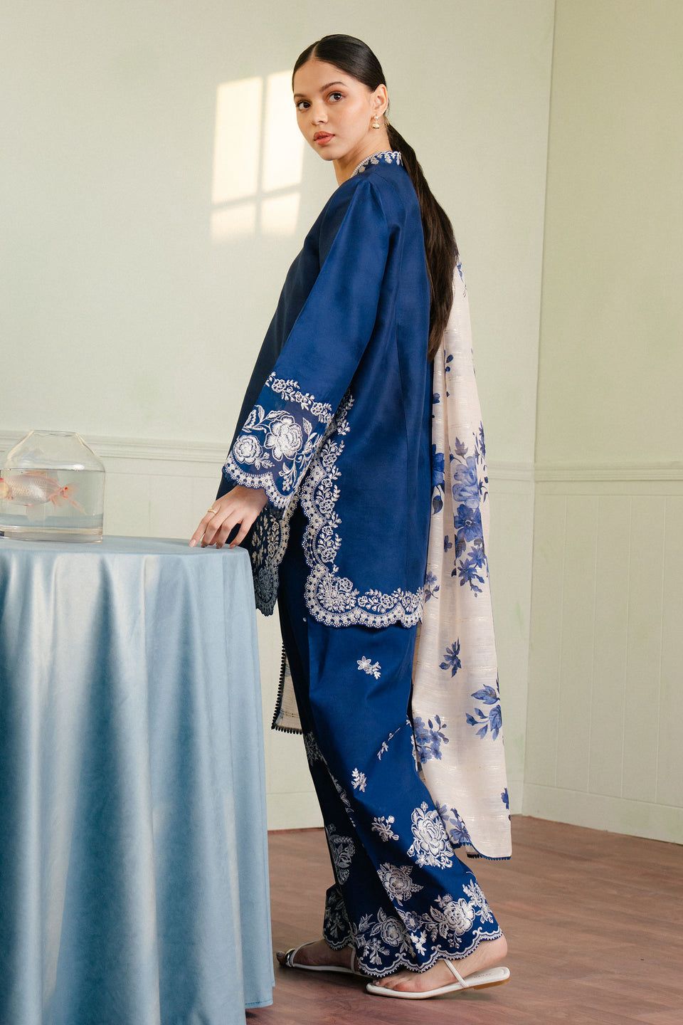 Deep Navy Flora - 3 Piece Embroidered Suit | Ready To Wear
