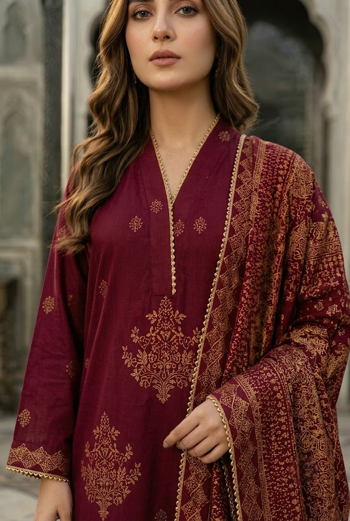 03 Piece Embroidered Jacquard Suit - Ready To Wear
