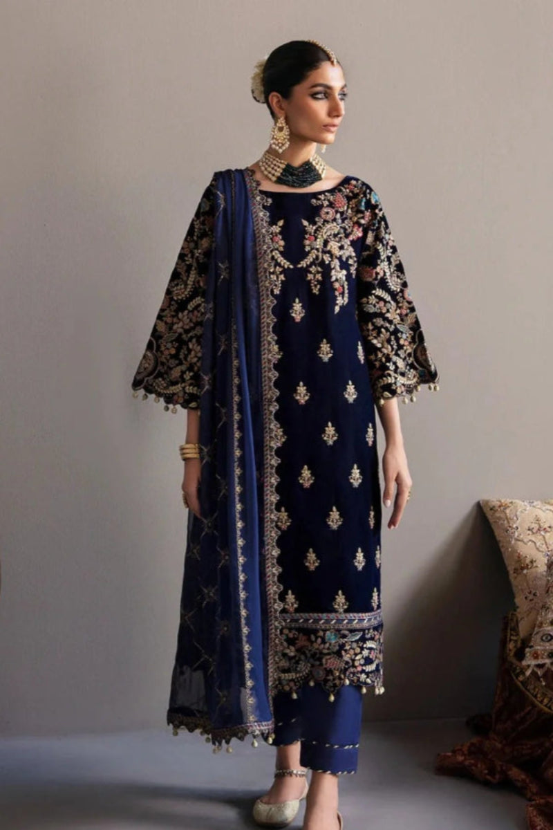 Elegant Embroidered Velvet 3-Piece Suit with Chiffon Dupatta