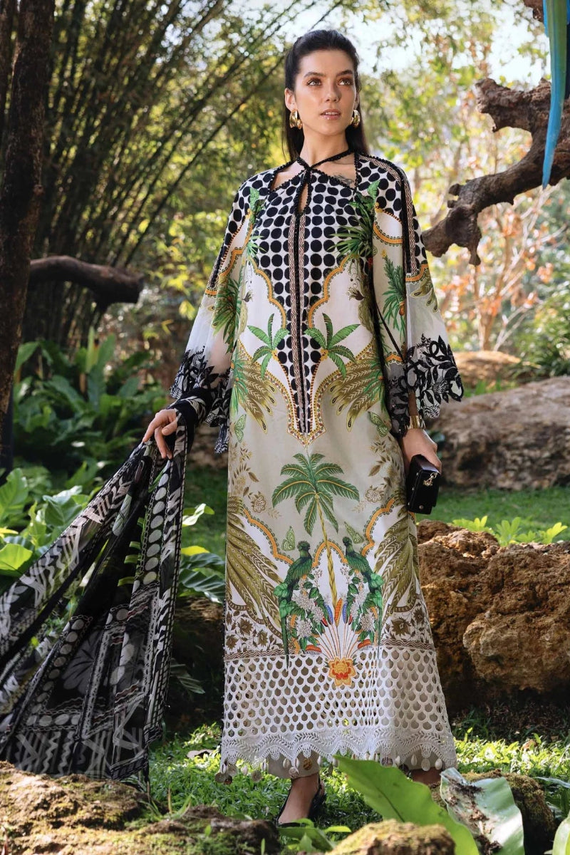 Printed Lawn 3-Piece Suit Sequin Work Front, Neckline & Daman Border with Chiffon Dupatta & Cambric Trouser