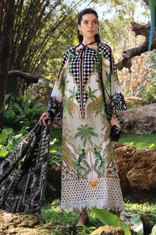 Printed Lawn 3-Piece Suit Sequin Work Front, Neckline & Daman Border with Chiffon Dupatta & Cambric Trouser