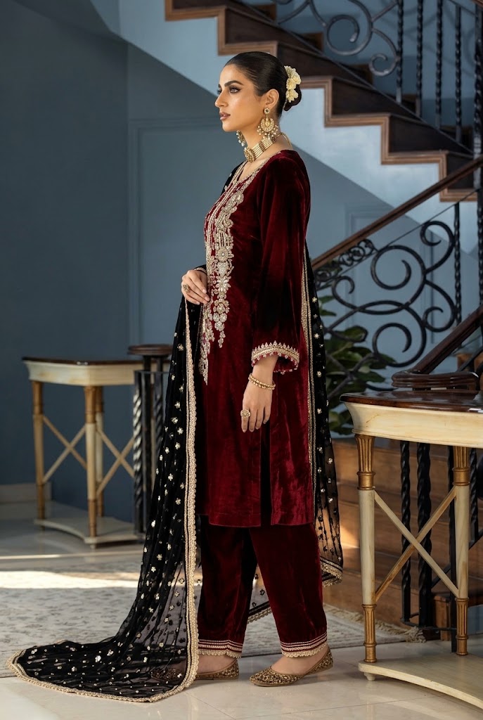 Royal Maroon & Black – Premium Velvet Suit | Ready to Wear