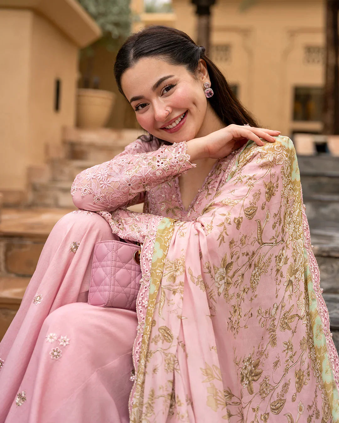 Blush Pink Sharara - 03-Piece Lawn Shirt With Silk Dupatta | Ready To Wear