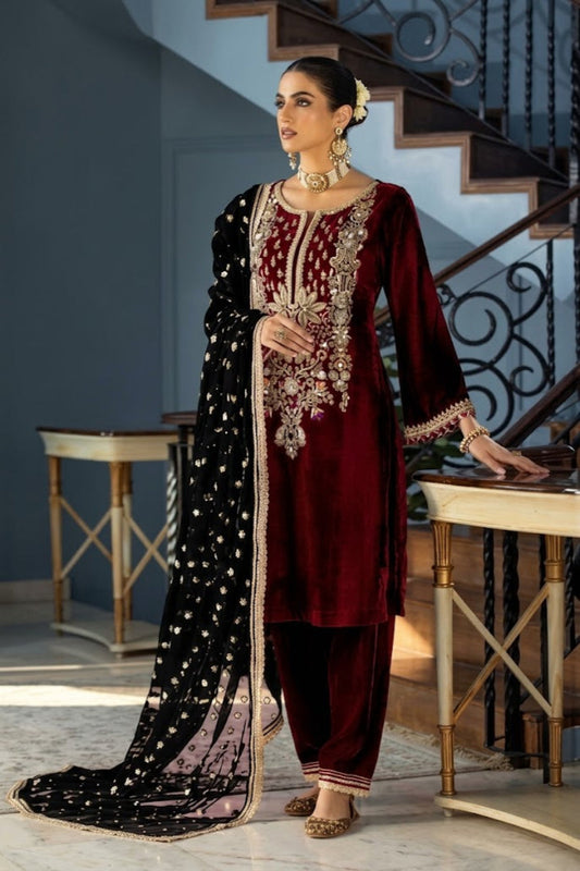 Royal Maroon & Black – Premium Velvet Suit | Ready to Wear