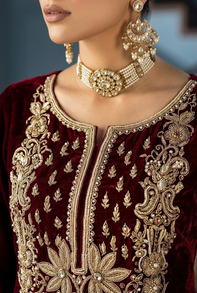 Royal Maroon & Black – Premium Velvet Suit | Ready to Wear