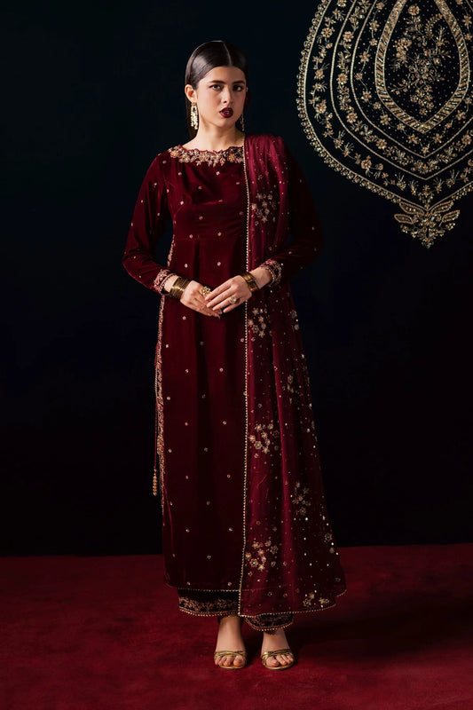 Ready-to-Wear Mehroon Luxury Velvet Embroidered 3-Piece Suit