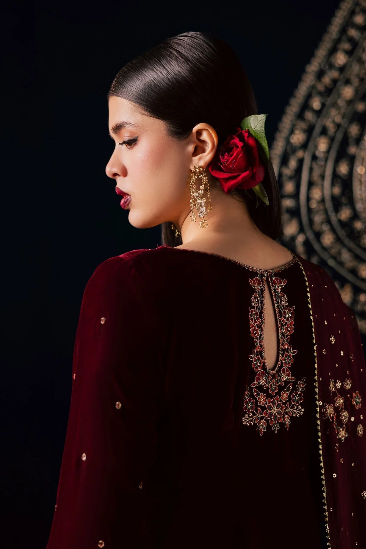 Ready-to-Wear Mehroon Luxury Velvet Embroidered 3-Piece Suit