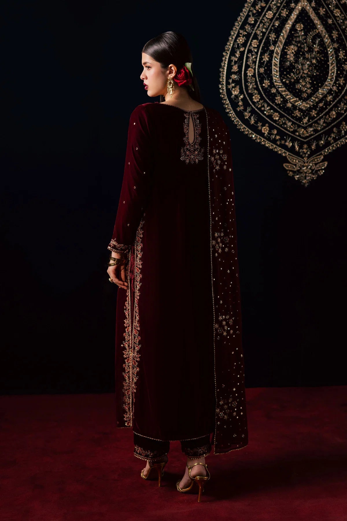 Ready-to-Wear Mehroon Luxury Velvet Embroidered 3-Piece Suit