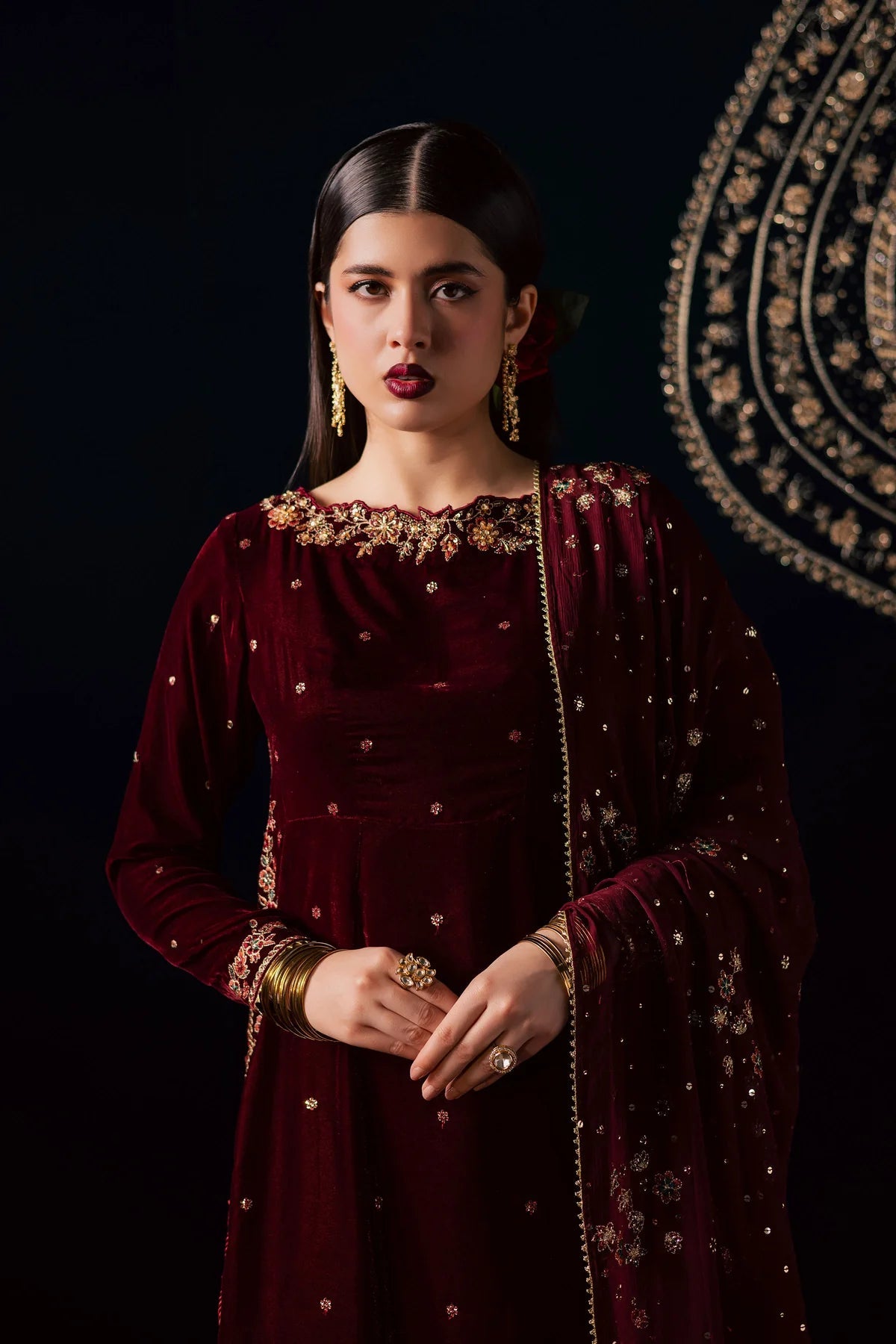 Ready-to-Wear Mehroon Luxury Velvet Embroidered 3-Piece Suit