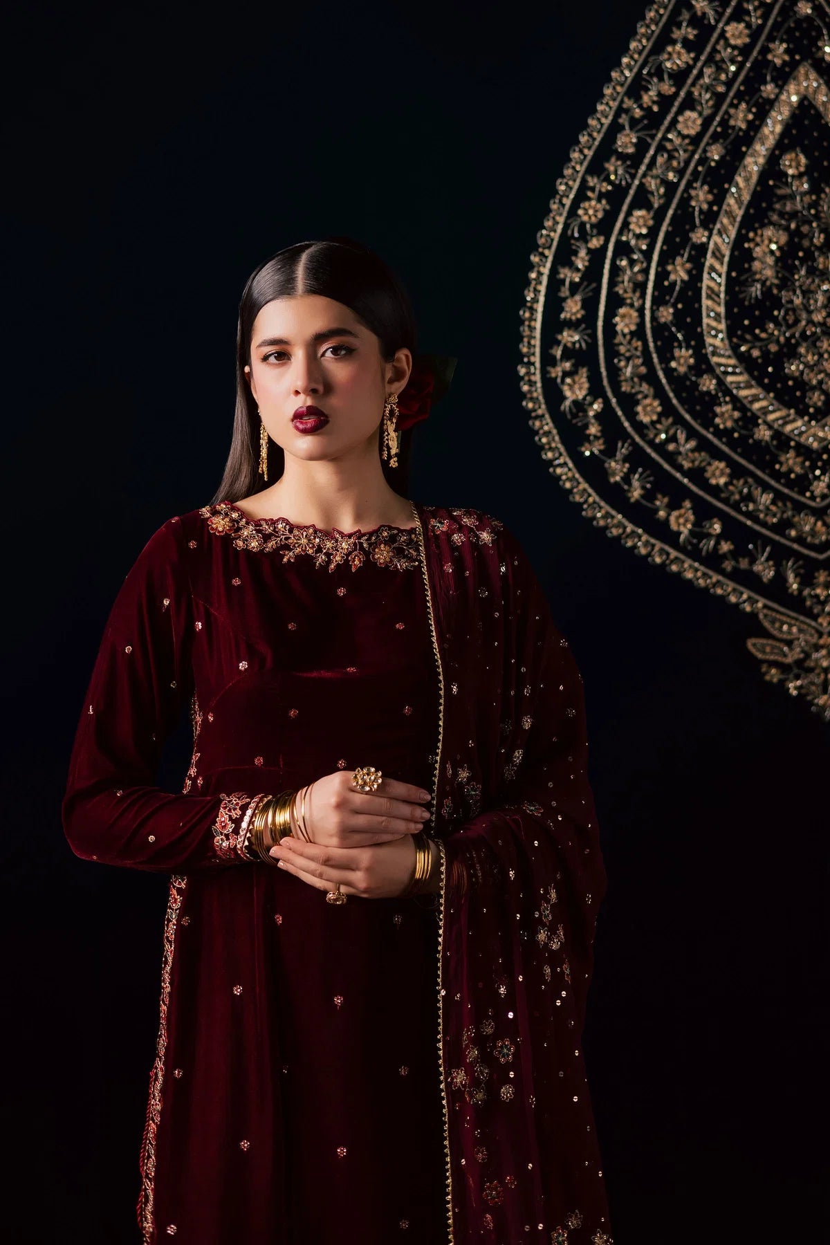 Ready-to-Wear Mehroon Luxury Velvet Embroidered 3-Piece Suit