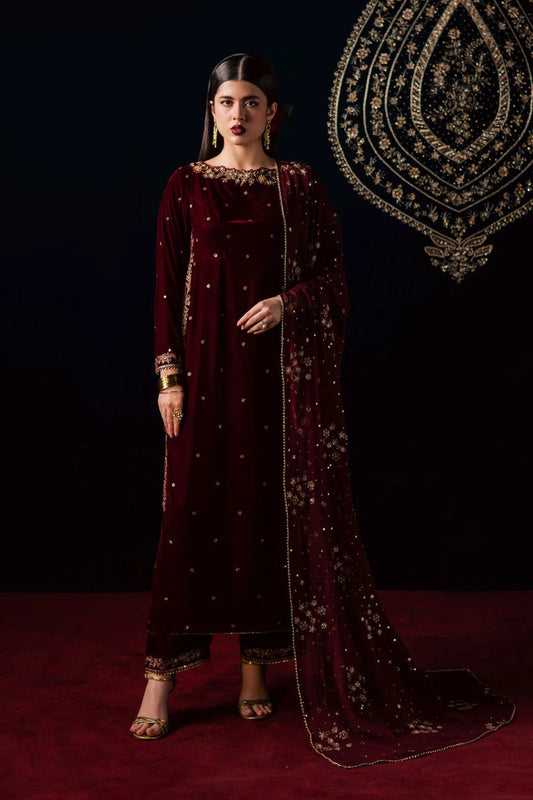 Ready-to-Wear Mehroon Luxury Velvet Embroidered 3-Piece Suit