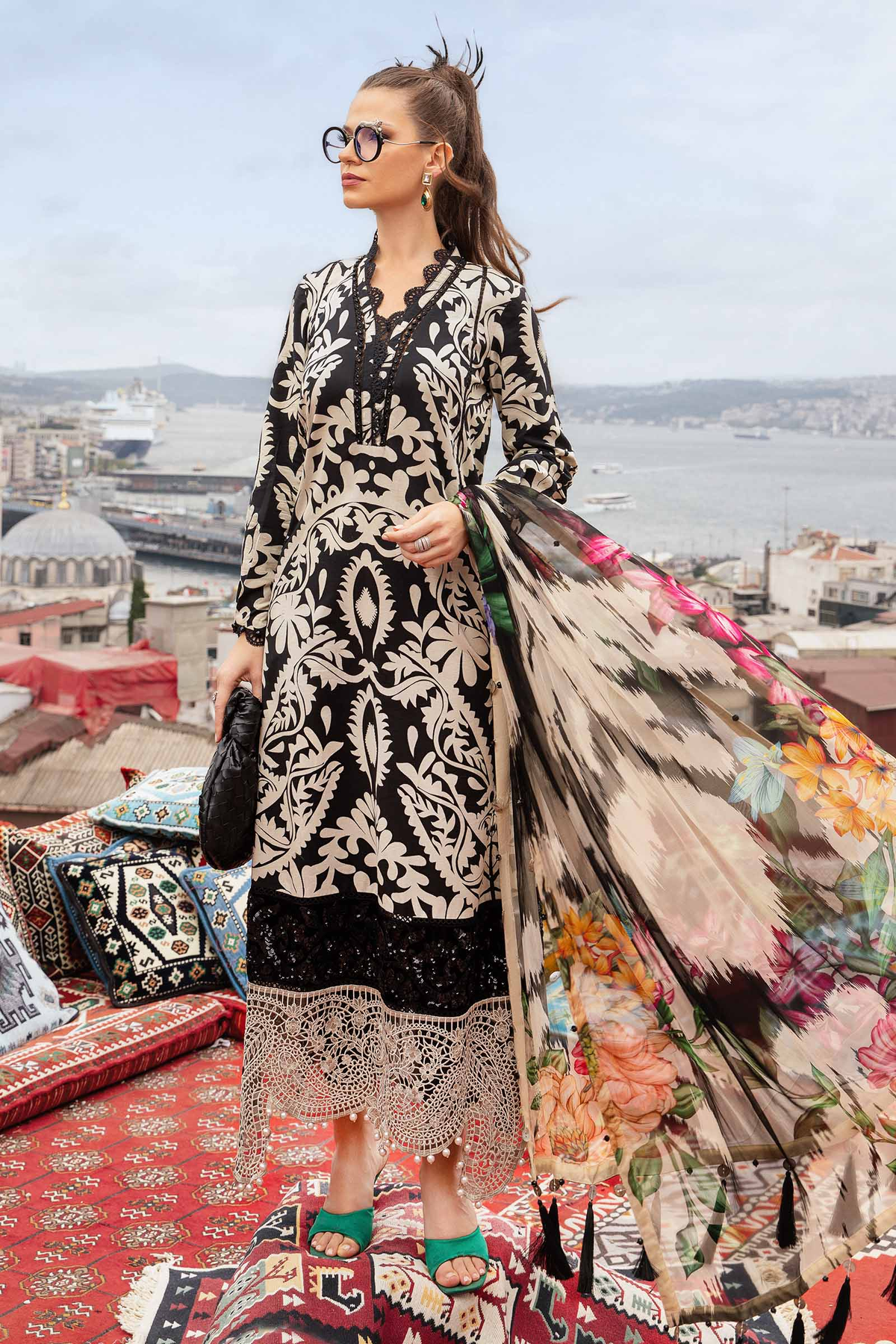 Black Printed Cambric 3-Piece Ready-to-Wear Suit