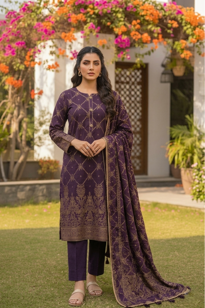 03 Piece Maroon & Gold Embroidered Jacquard Suit - Ready  To Wear