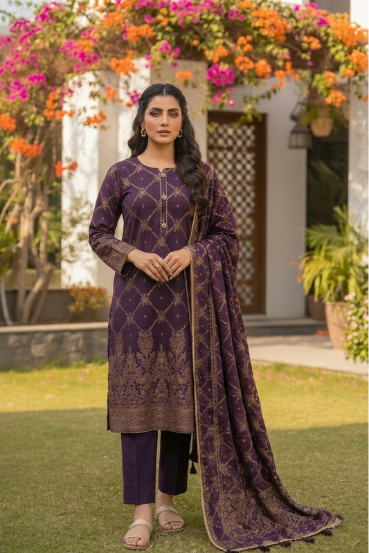 03 Piece Maroon & Gold Embroidered Jacquard Suit - Ready  To Wear