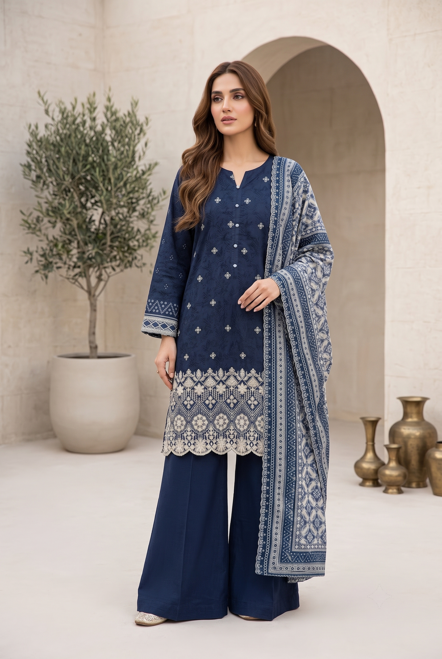 03 Piece Embroidered Chikankari  Lawn Suit - Ready  To Wear