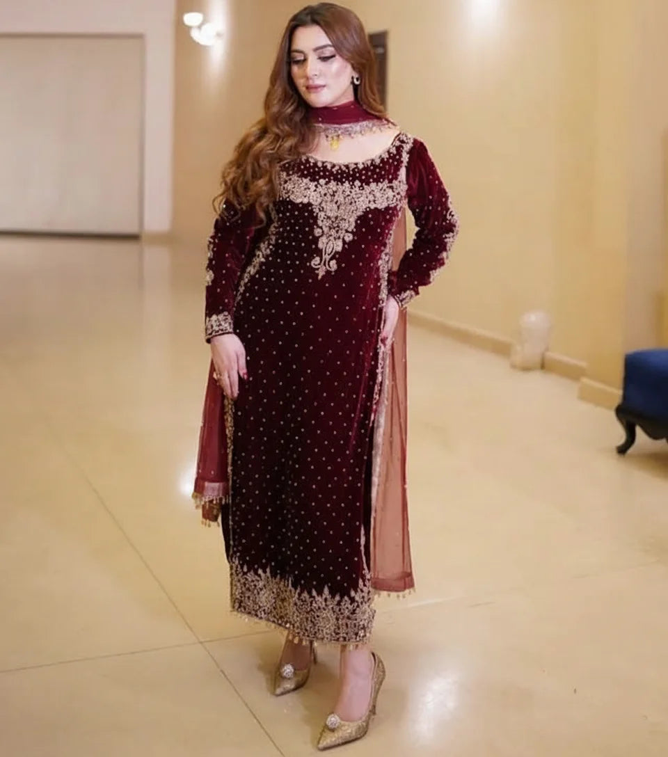 Luxury Embroidered Velvet 3-Piece Suit