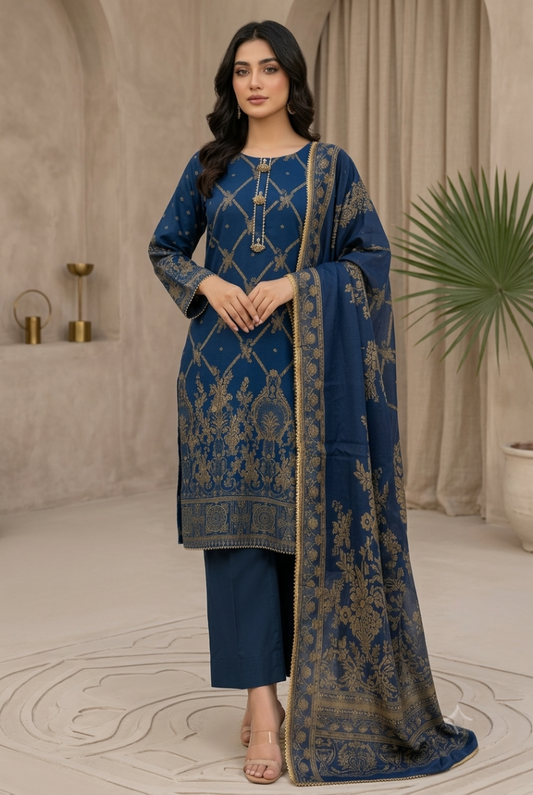 03 Piece Blue & Gold Embroidered Jacquard Suit -  Ready To  Wear