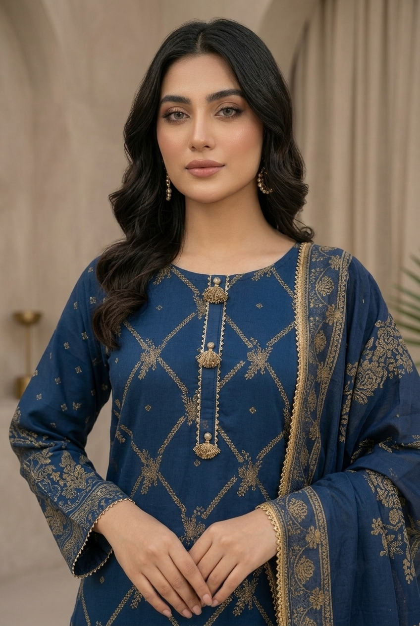 03 Piece Blue & Gold Embroidered Jacquard Suit -  Ready To  Wear