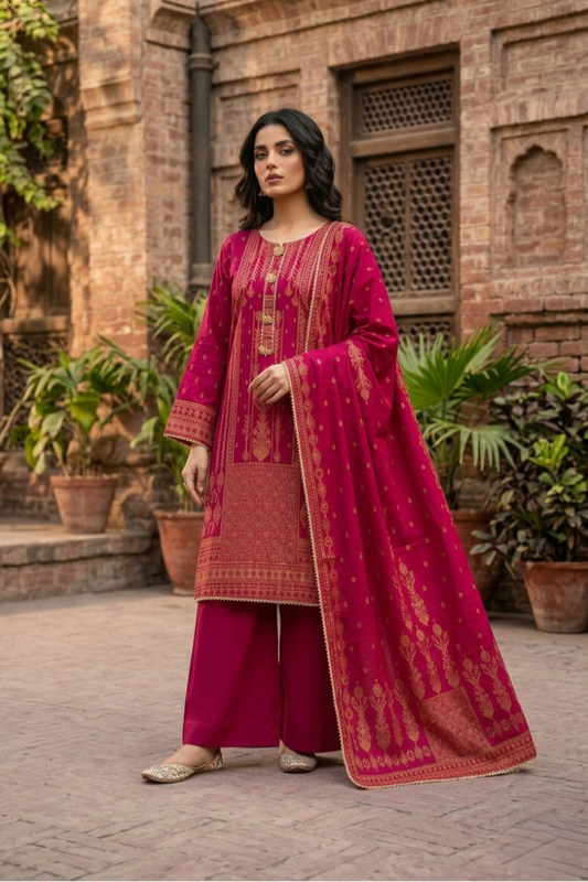 03 Piece Embroidered Jacquard Suit - Ready  to Wear