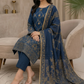 03 Piece Blue & Gold Embroidered Jacquard Suit -  Ready To  Wear