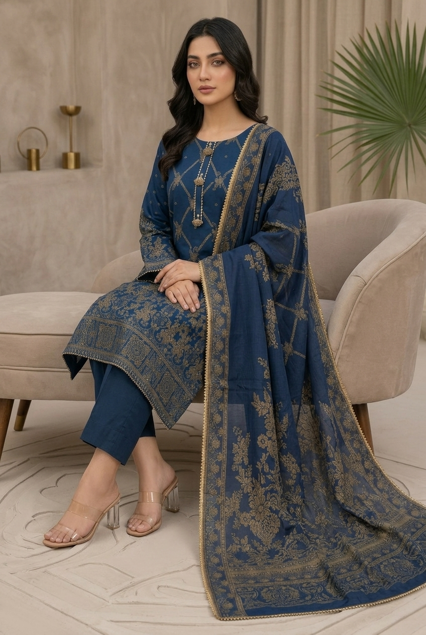 03 Piece Blue & Gold Embroidered Jacquard Suit -  Ready To  Wear