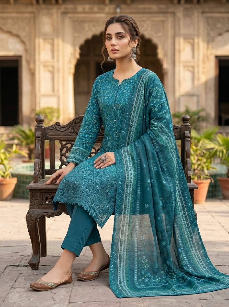 03 Piece Chikankari Embroidered Lawn Suit - Ready  To  Wear