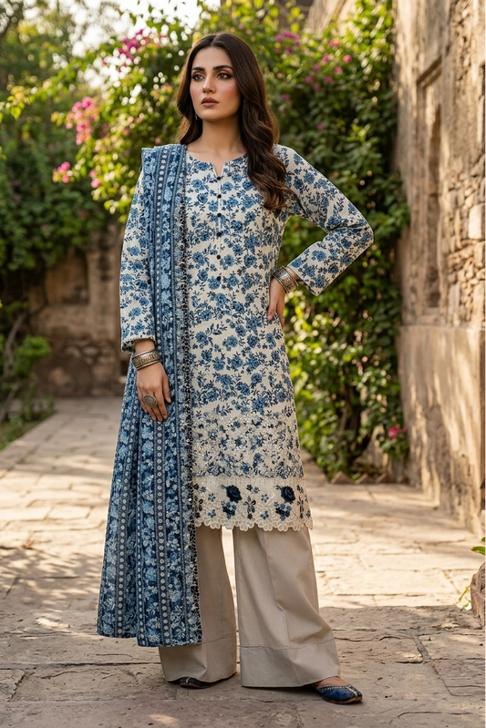 03 Piece Chikankari Floral Lawn Suit - Ready  to  Wear