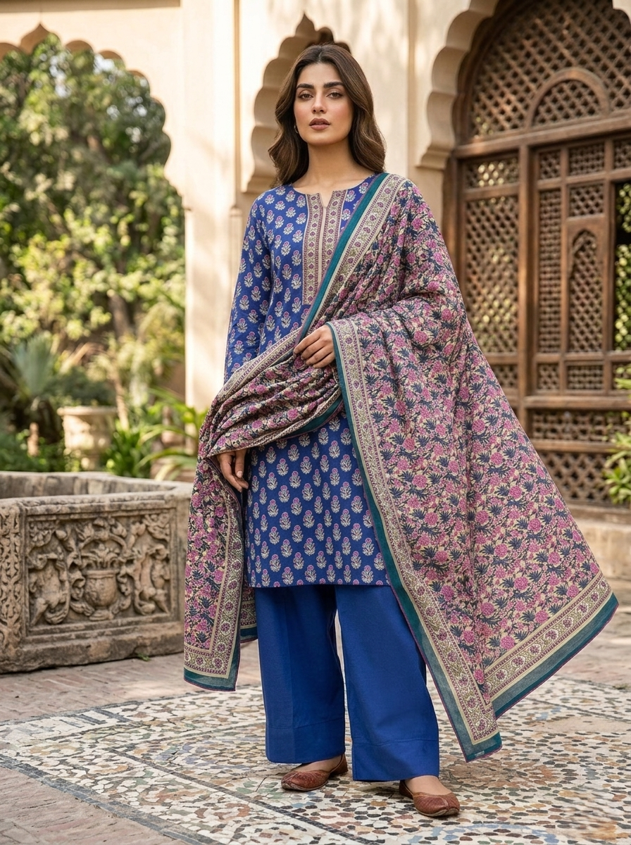 03 Piece Printed Lawn Suit - Ready To  Wear