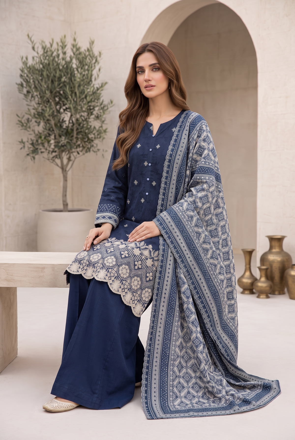 03 Piece Embroidered Chikankari  Lawn Suit - Ready  To Wear