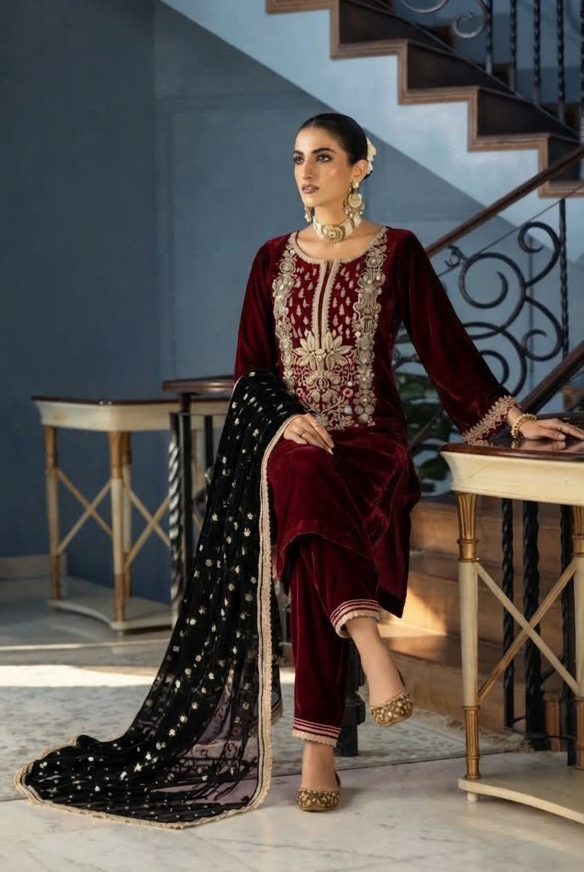 Royal Maroon & Black – Premium Velvet Suit | Ready to Wear