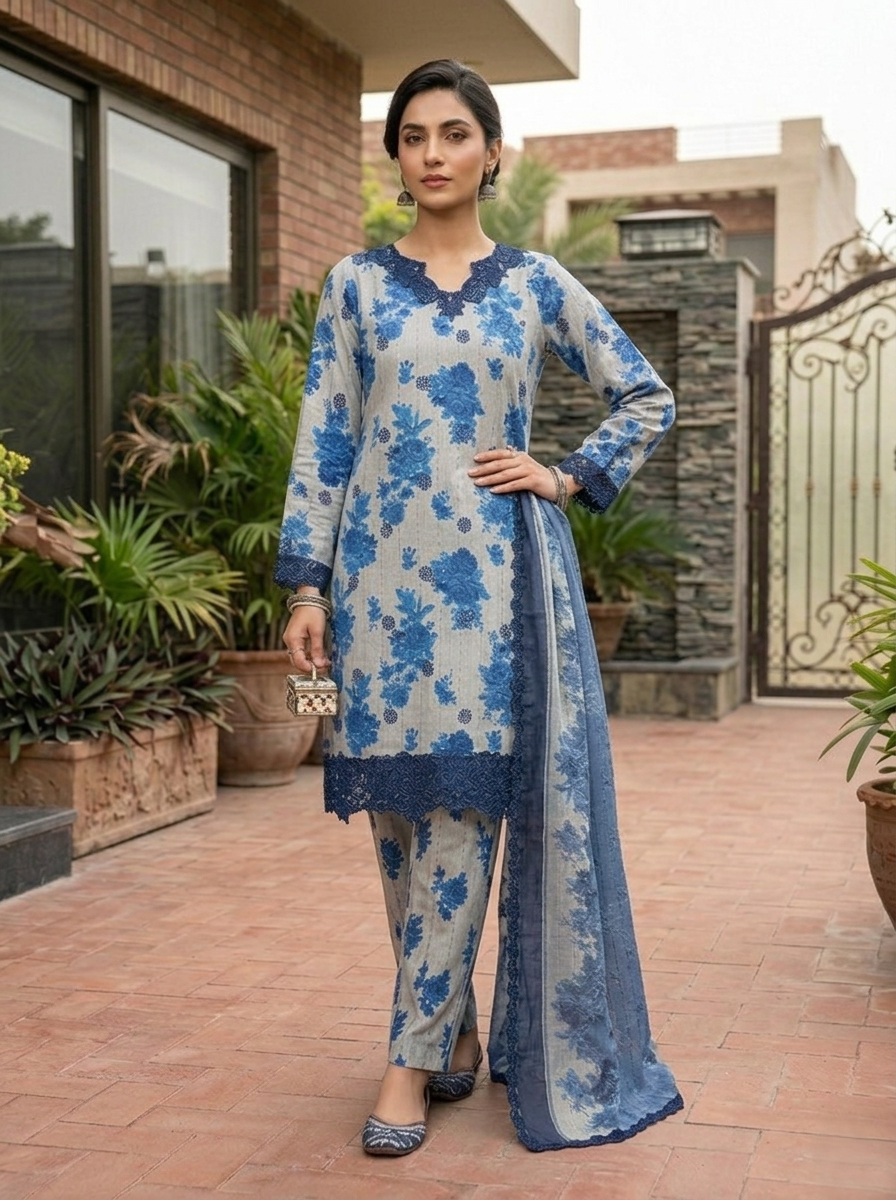 03 Piece  Printed Lawn Suit - Ready  To Wear