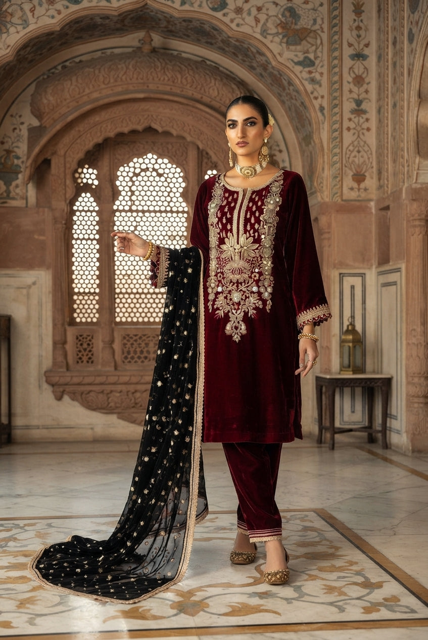 Royal Maroon & Black – Premium Velvet Suit | Ready to Wear
