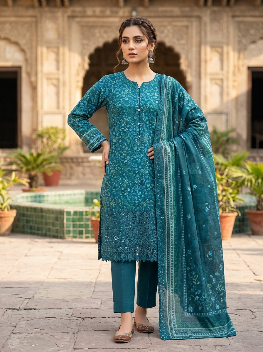 03 Piece Chikankari Embroidered Lawn Suit - Ready  To  Wear
