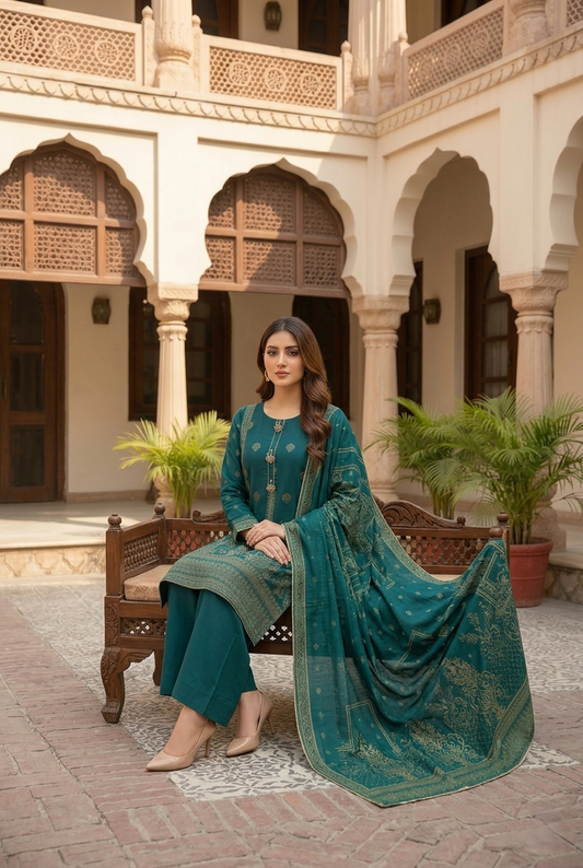 03 Piece Embroidered Jacquard Suit - Ready  To Wear