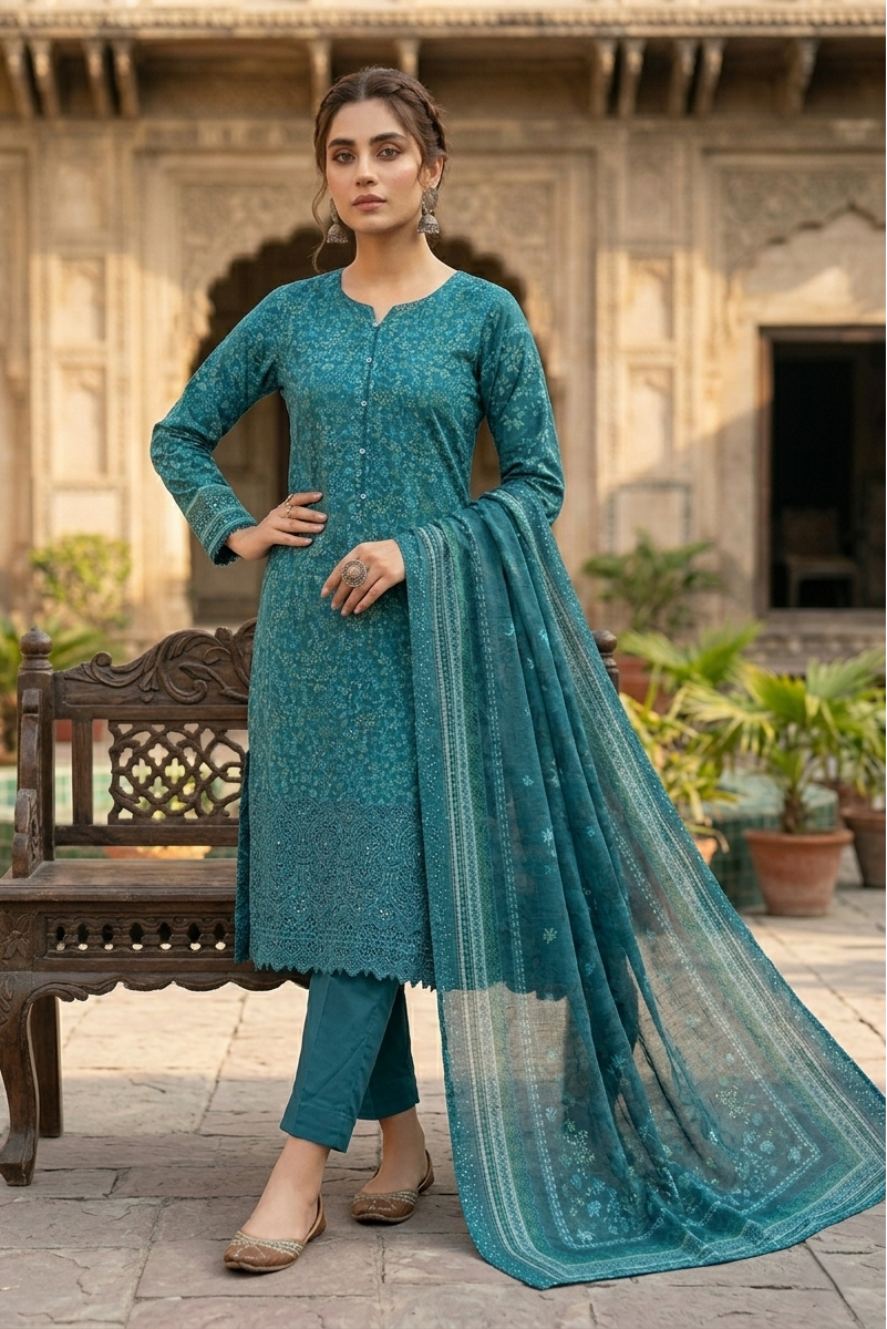 03 Piece Chikankari Embroidered Lawn Suit - Ready  To  Wear