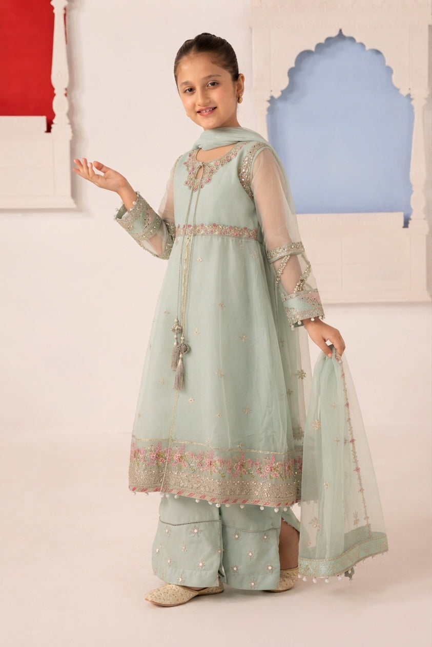03 Piece Embroidered Chiffon Girls’ Suit with Embroidered Koti – Ready to Wear