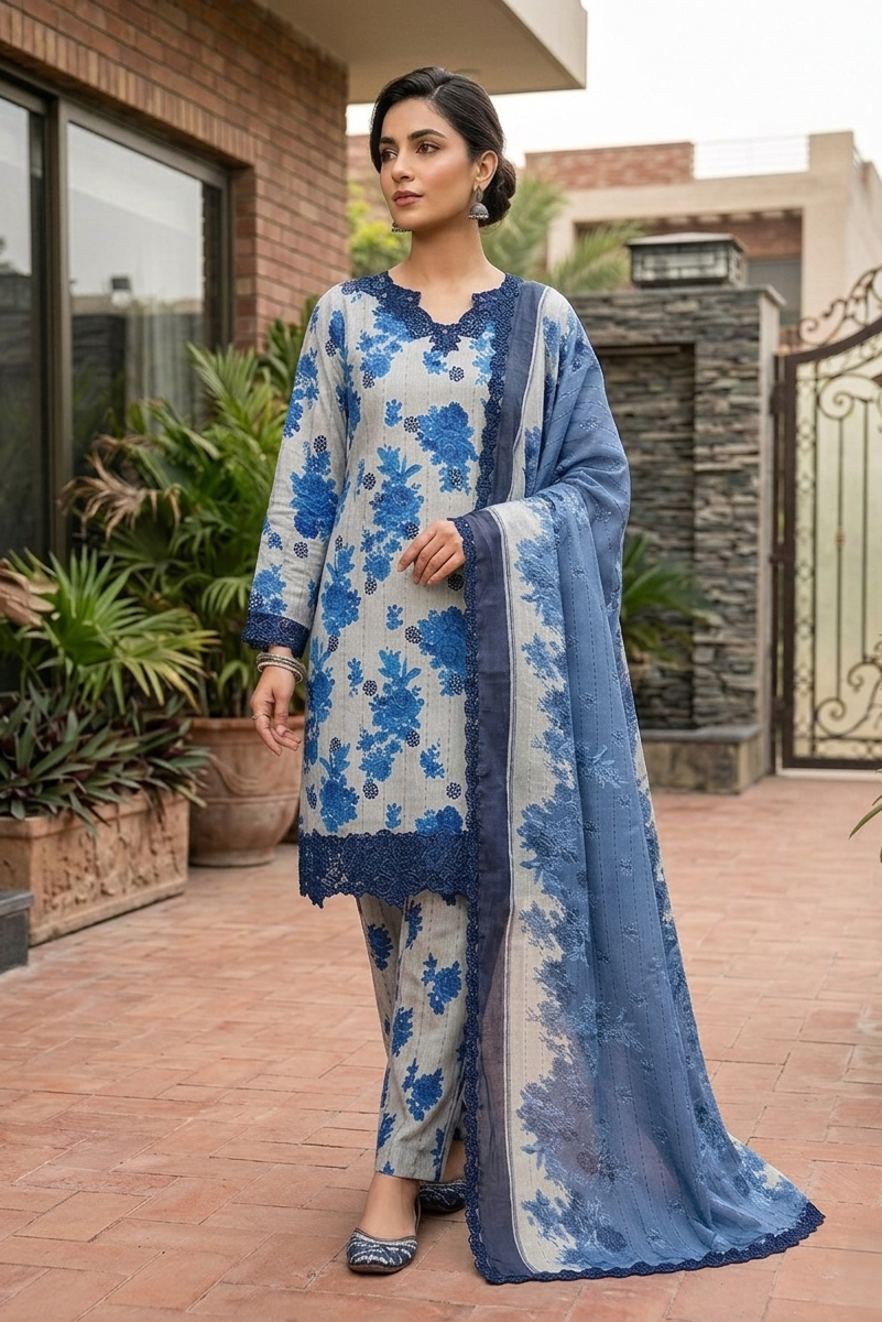 03 Piece  Printed Lawn Suit - Ready  To Wear