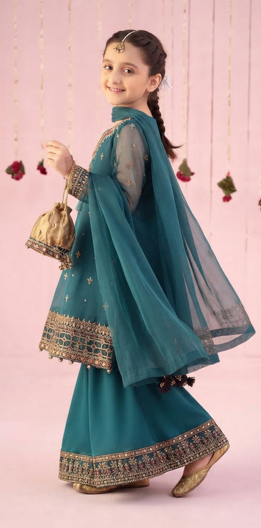 Elegant Embroidered Chiffon Girls’ 3-Piece Party Wear – Ready to Wear