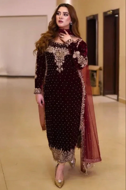 Luxury Embroidered Velvet 3-Piece Suit