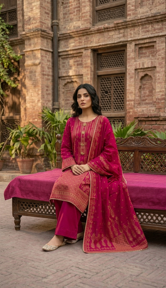 03 Piece Embroidered Jacquard Suit - Ready  to Wear