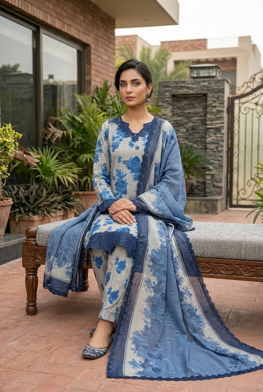 03 Piece  Printed Lawn Suit - Ready  To Wear