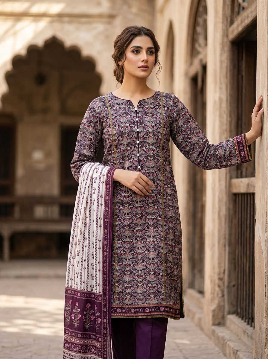 03 Piece  Printed Lawn Suit - Ready  To Wear