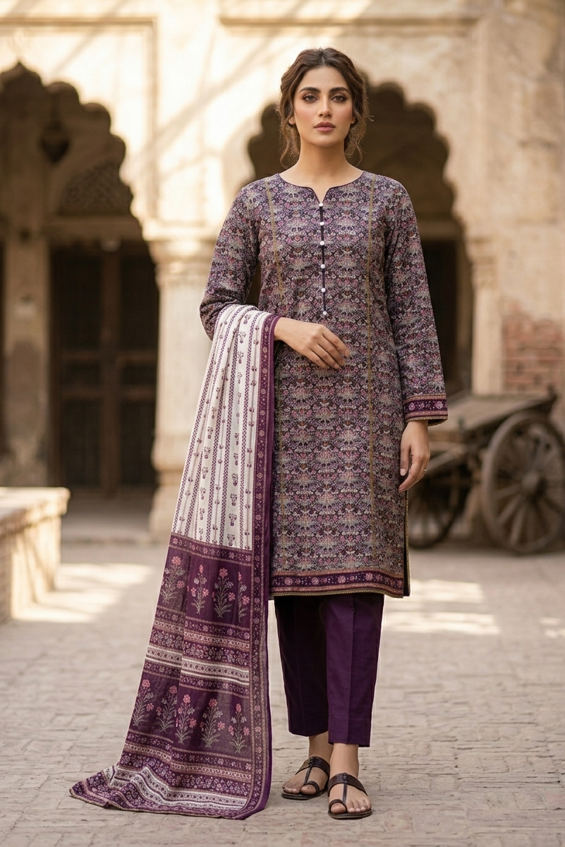 03 Piece  Printed Lawn Suit - Ready  To Wear