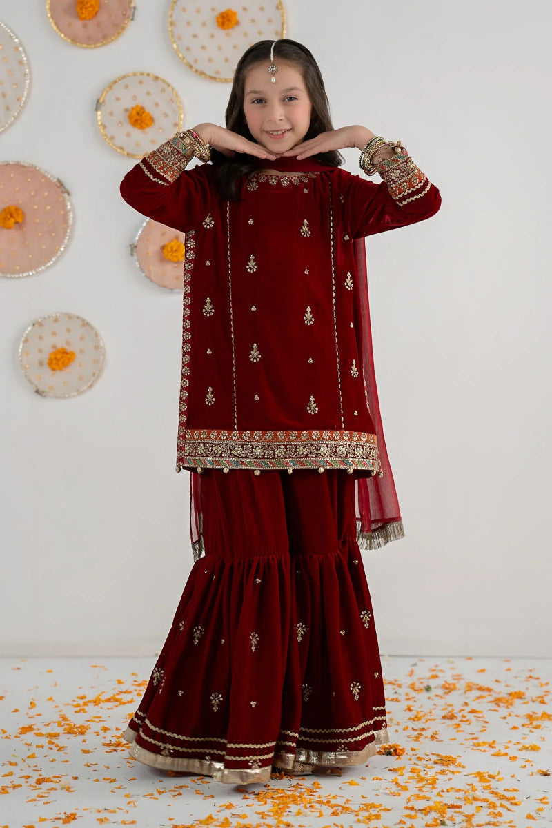 Elegant Embroidered Chiffon Girls’ Gharara 3-Piece – Ready to Wear