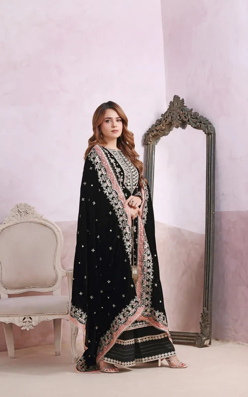 Luxury Velvet Embroidered Ready-to-Wear 3-Piece Suit