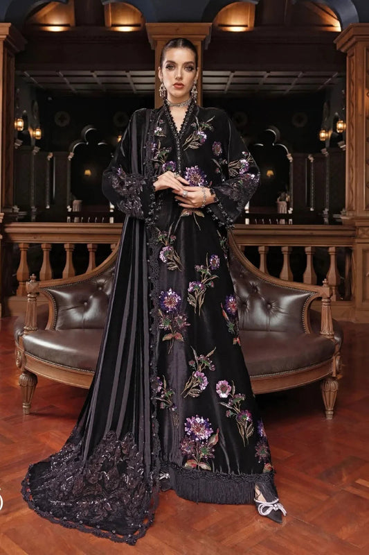 Black & Magenta  Embroidered Velvet Suit | Ready To Wear